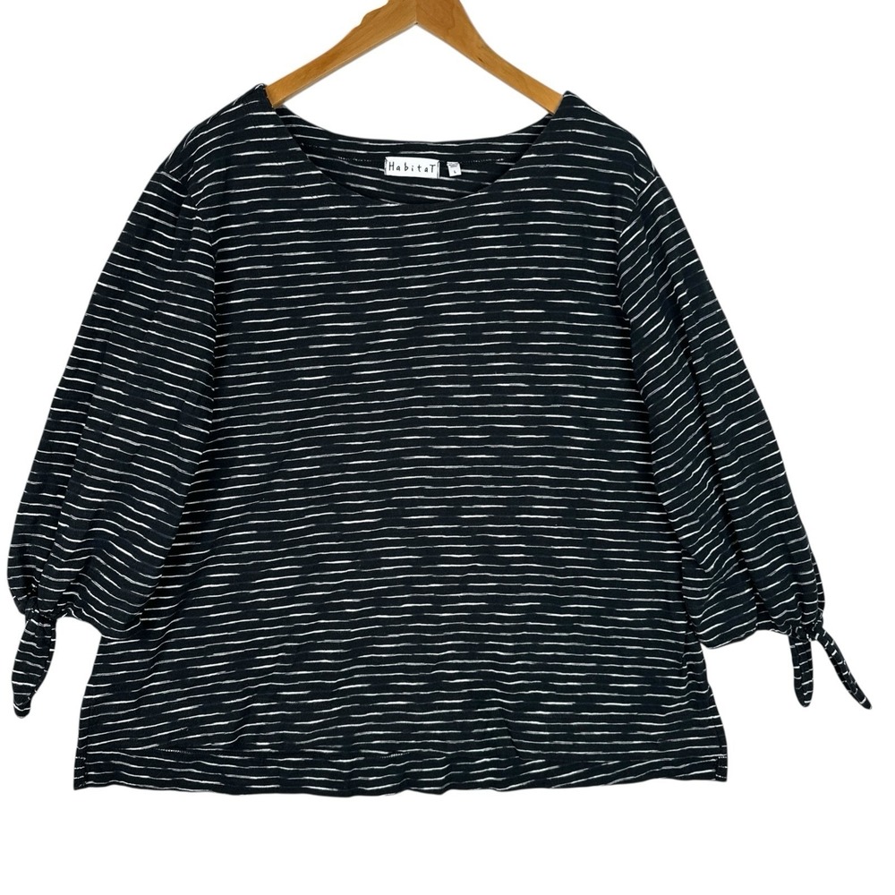 Habitat Cotton Striped Top Black White Tie Sleeve Relaxed Casual 3/4 Sleeve